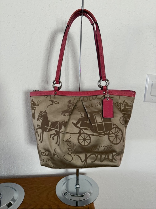 Coach Handbags - Coach Horse Carriage Pink Trim Pleated Signature Sateen Leather Shoulder Tote